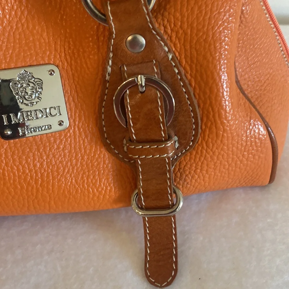 Orange Mini Leather Satchel Bag with Brown Trim - Picture 5 of 9